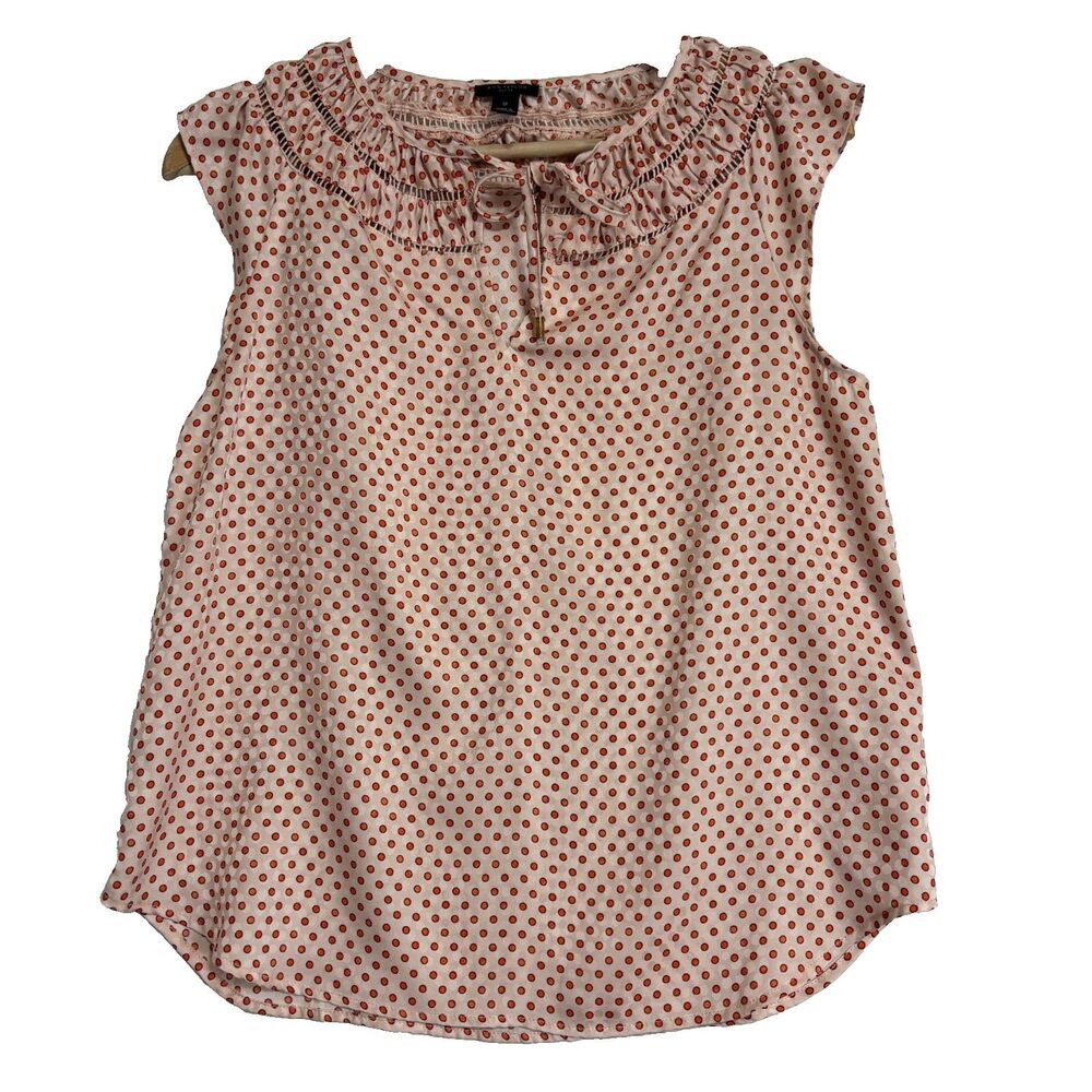 Ann Taylor Blouse Womens SP Peach Polka Dot Cap Sleeve Boho Cottagecore‎ Preppy
